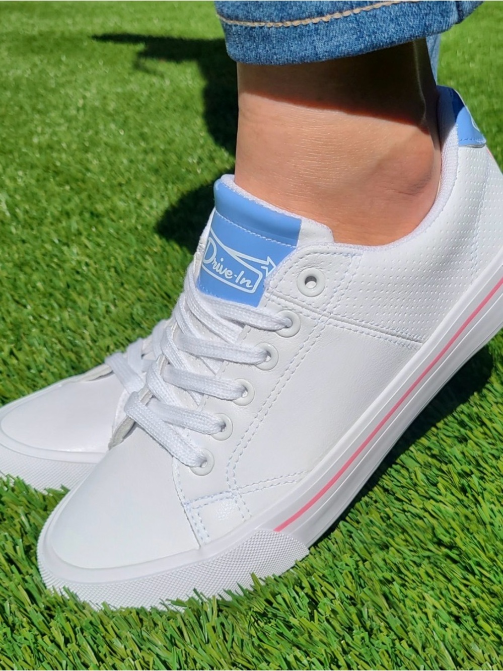 White Sneakers with Light Blue Trim and Pink Stripe - Women's Casual Shoes